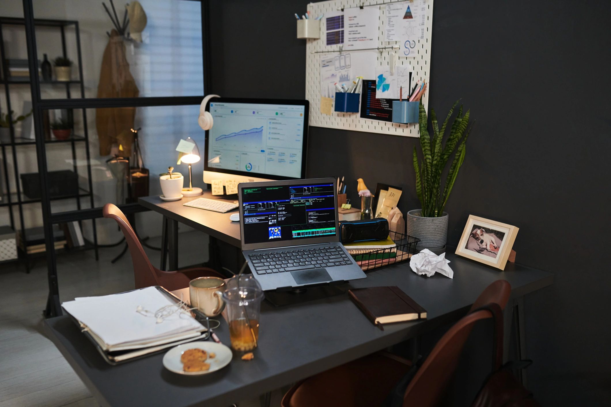 Modern editorial workspace with analytics dashboard